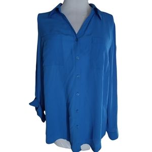 Notations Blue Long Sleeve Roll Tab Button Down Top Shirt Blouse